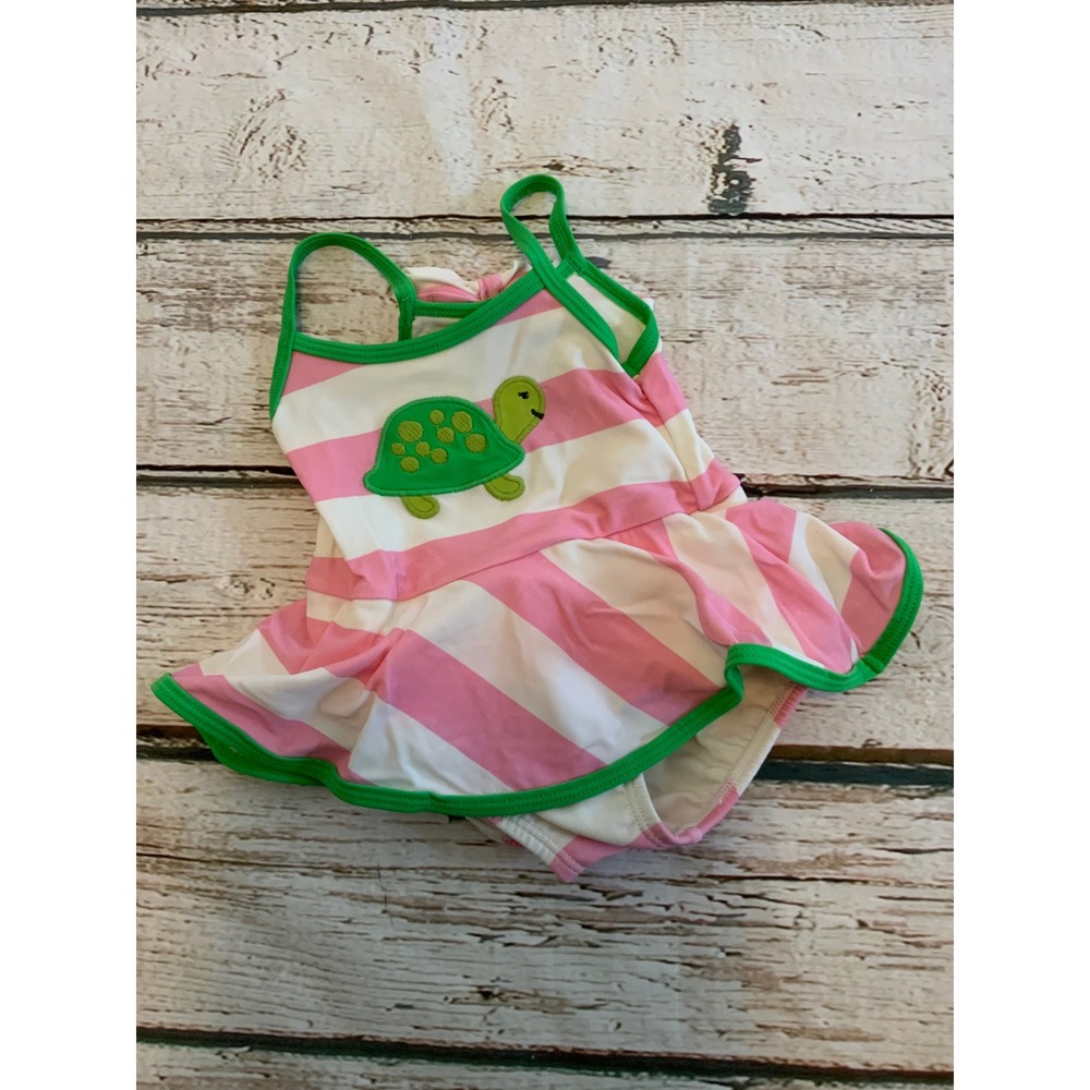 Gymboree Tennis Turtle Match Pink White Striped Swimsuit Dress 6-12 Months